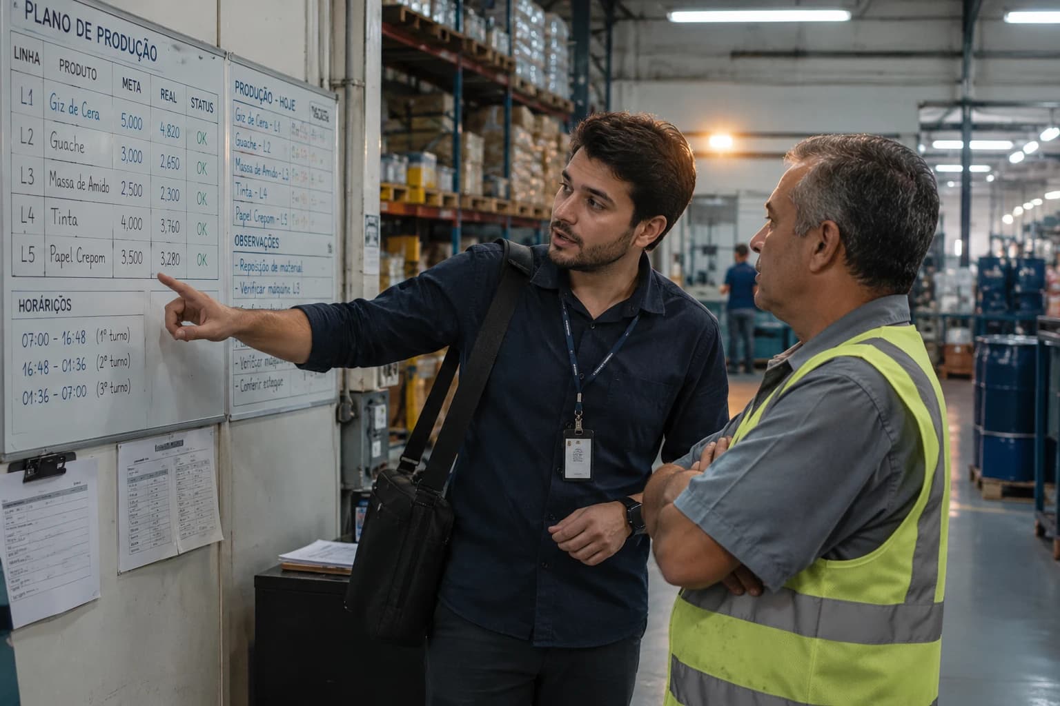 Consultor e gerente de fábrica analisando plano de produção